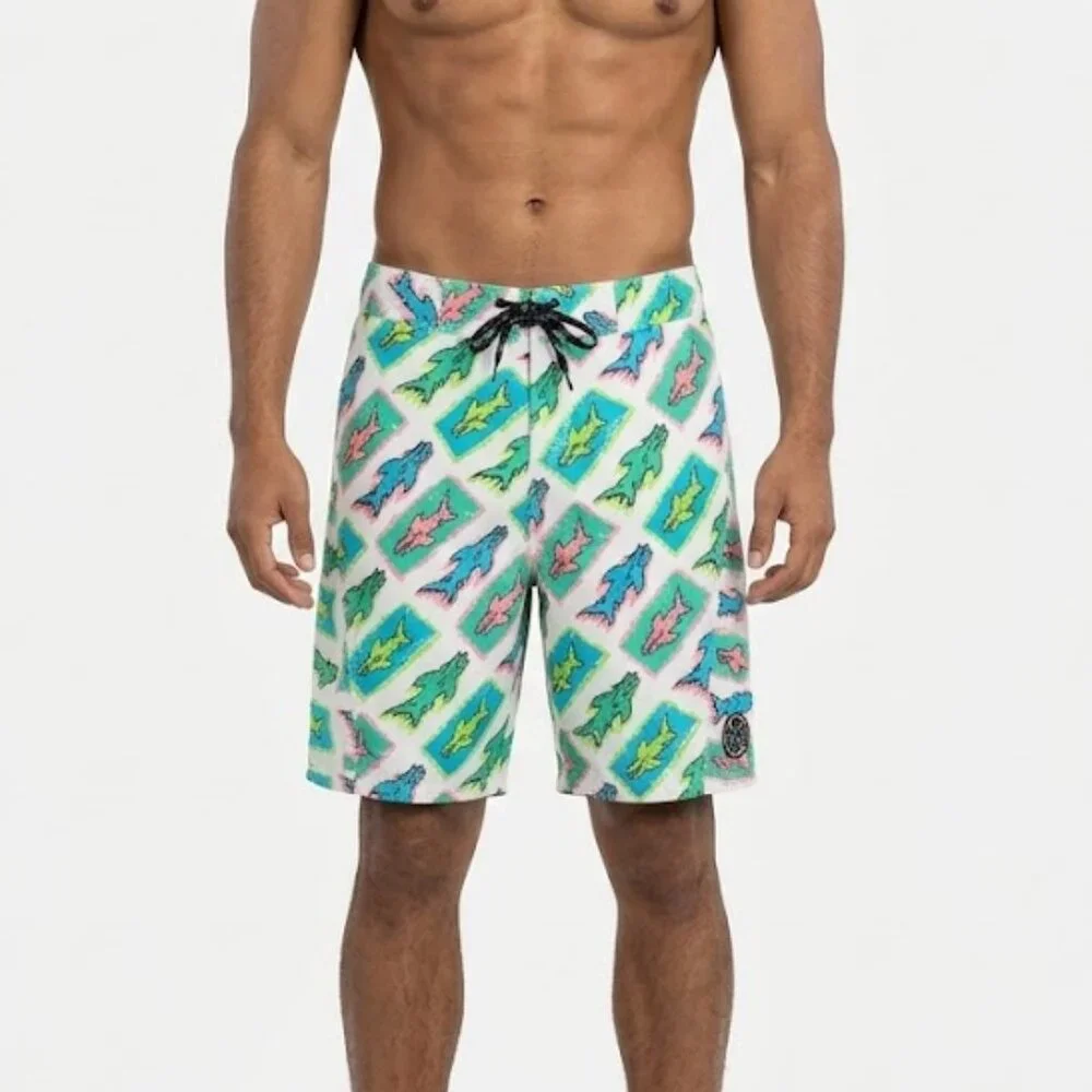 Maui and Sons Vintage 80s Neon Shark Board Shorts Size 32